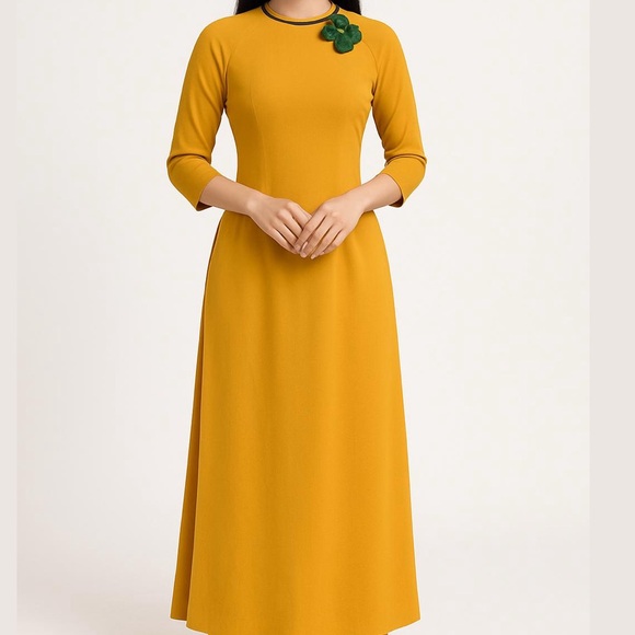 Other - Mustard Ao Dai with Green Floral Accent Set Of 2 Top And Pants
